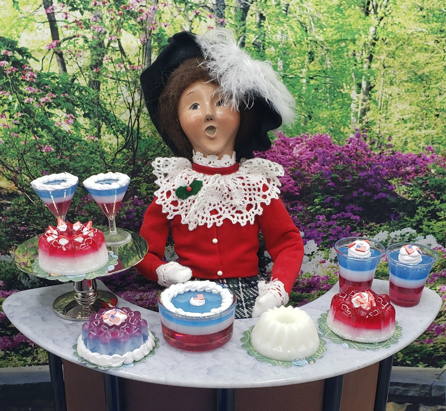 Chef Gina's 1 4th scale flag jello dessert set displayed with doll accessories on marble table