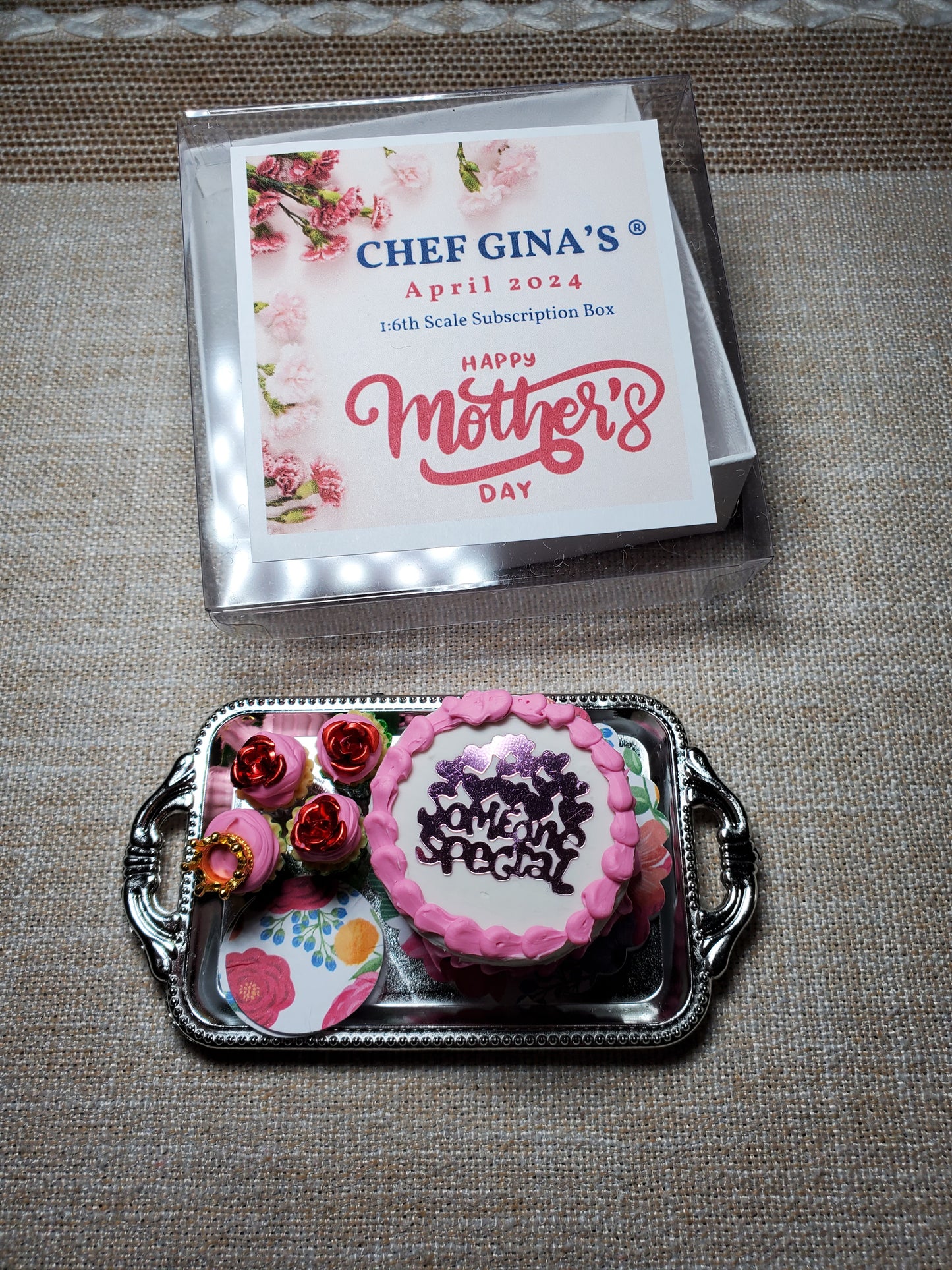 Chef Gina's 1:6 scale doll food subscription box for April 2024 featuring a Mother's Day cake