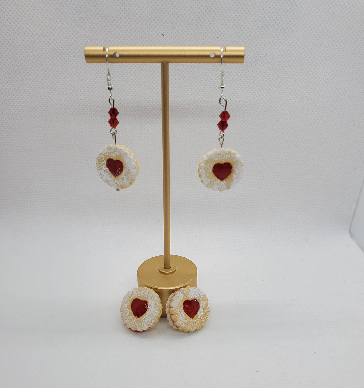 Chef Gina's European Linzer cookie dangle earrings with red heart and matching stud earrings