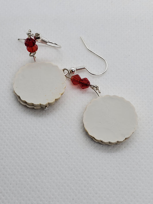 Chef Gina's Mini Food European Linzer cookie dangle earrings with red bead accents on silver hooks