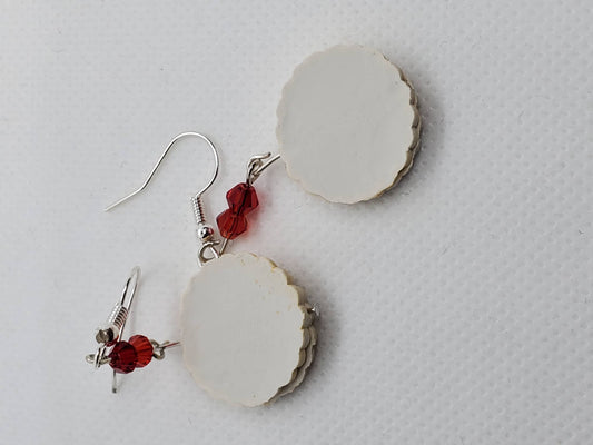 Chef Gina's Mini Food European Linzer cookie dangle earrings with red bead accents on silver hooks