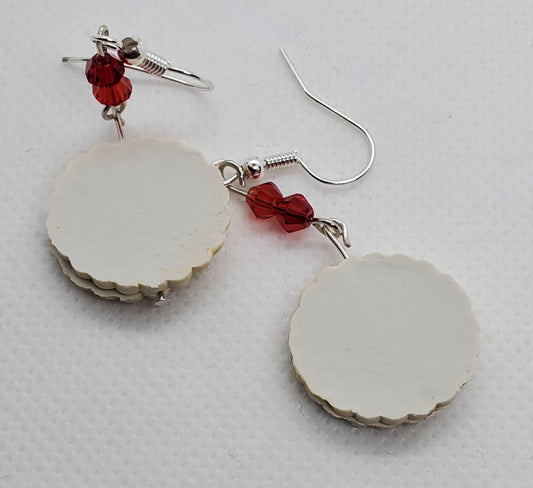 Chef Gina's Mini Food European Linzer cookie dangle earrings with red bead accents on silver hooks