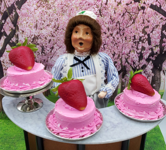 Chef Gina's handmade doll dessert featuring pink cakes topped with large strawberries for 18 inch dolls