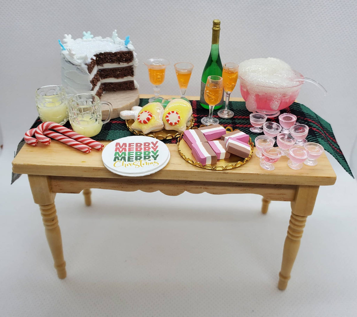1:12 scale doll furniture wooden table with miniature holiday desserts and drinks by Chef Gina's