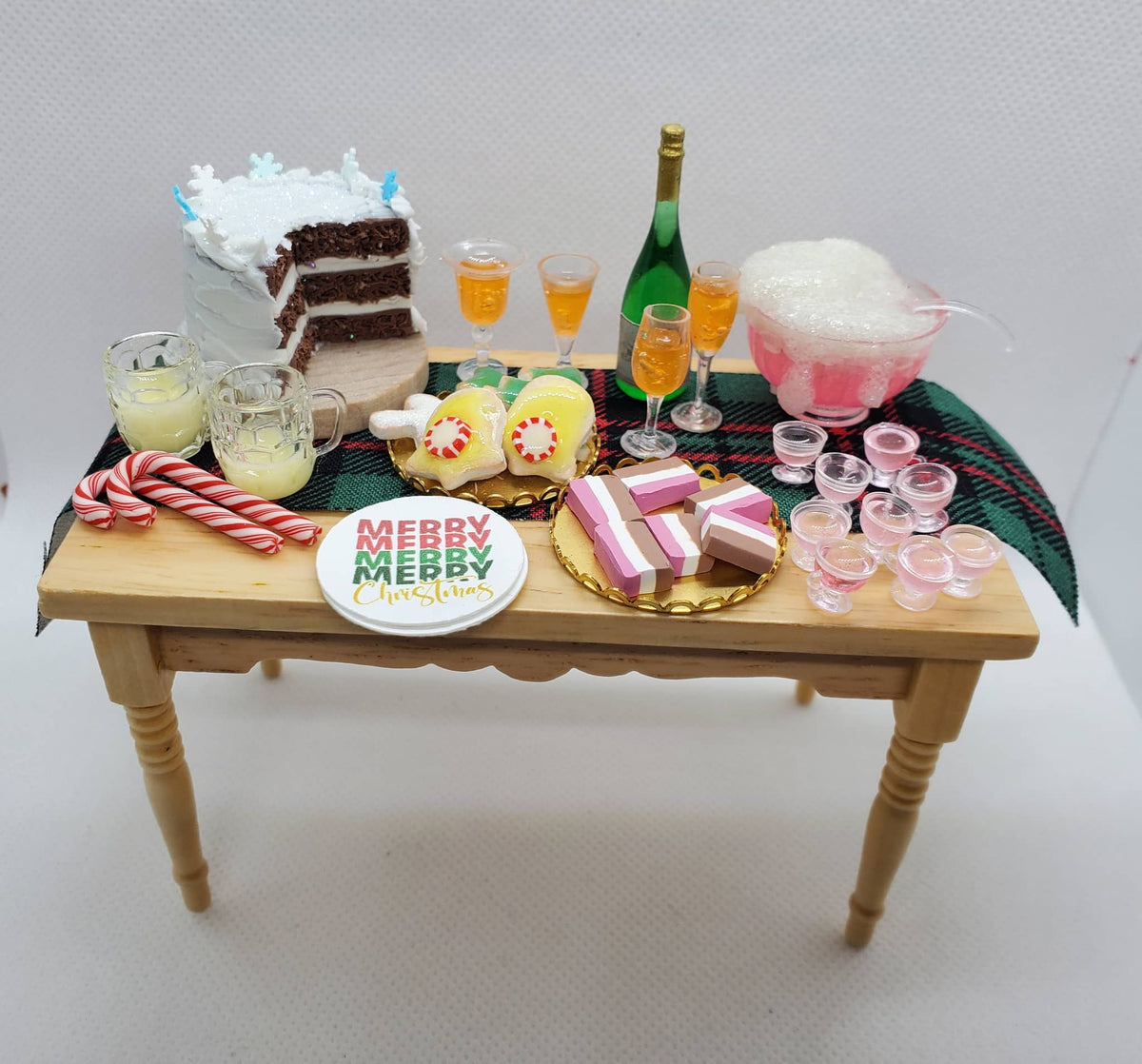 1:12 scale doll furniture wooden table with miniature Christmas cake drinks candy and holiday treats