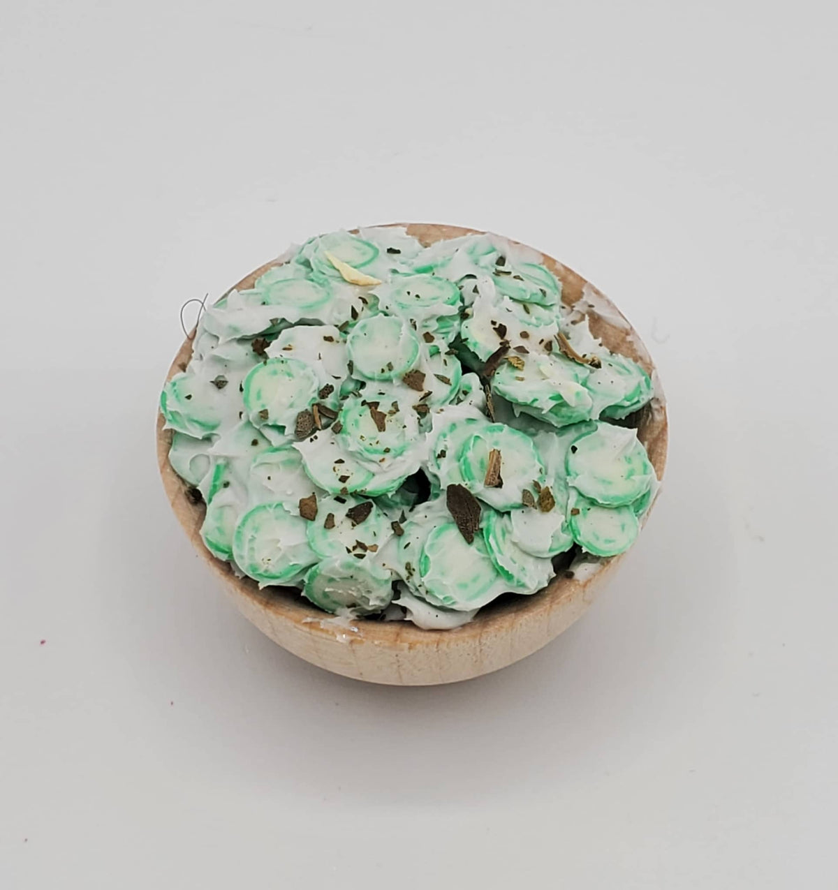 Chef Ginas miniature cucumber salad for dolls in a small wooden bowl side dish