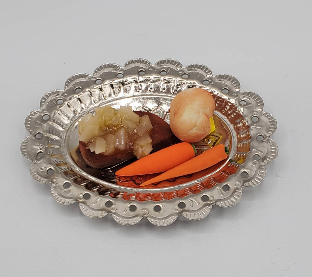 Chef Ginas miniature steak and fries for dolls on a decorative silver tray with carrots and a bread roll