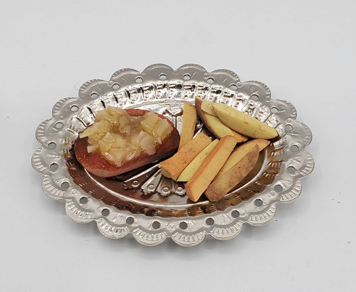 Chef Gina's miniature steak and fries for dolls on a silver decorative plate accessory
