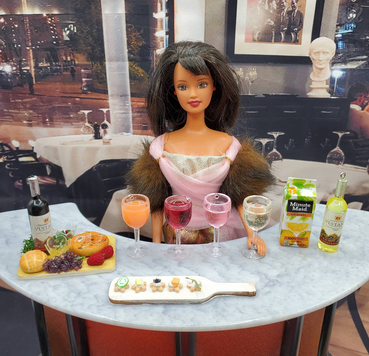 Miniature wine cheese tray with wine glasses and hors d'oeuvres by Chef Gina's Mini Food