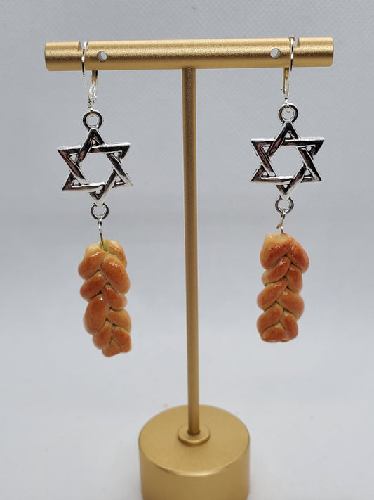 Chef Gina's miniature challah bread jewelry earrings with Star of David charms hanging on gold stand