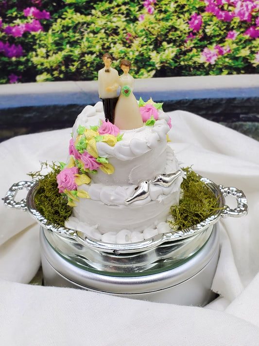 Chef Gina's 1:6 scale wedding cake doll accessory with bride and groom figurines on white and pink floral tiers