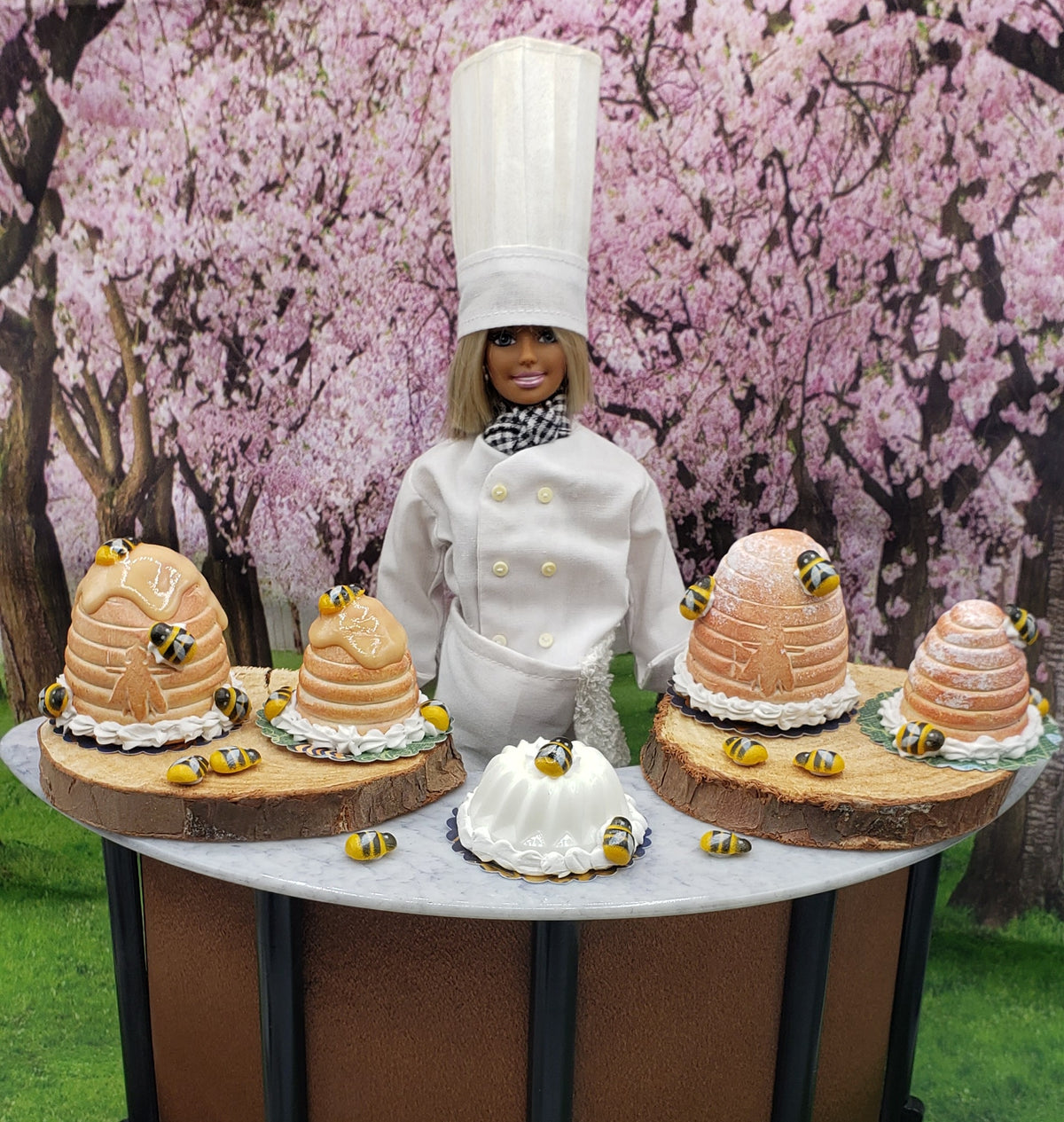 barbie doll with bee hive
cakes