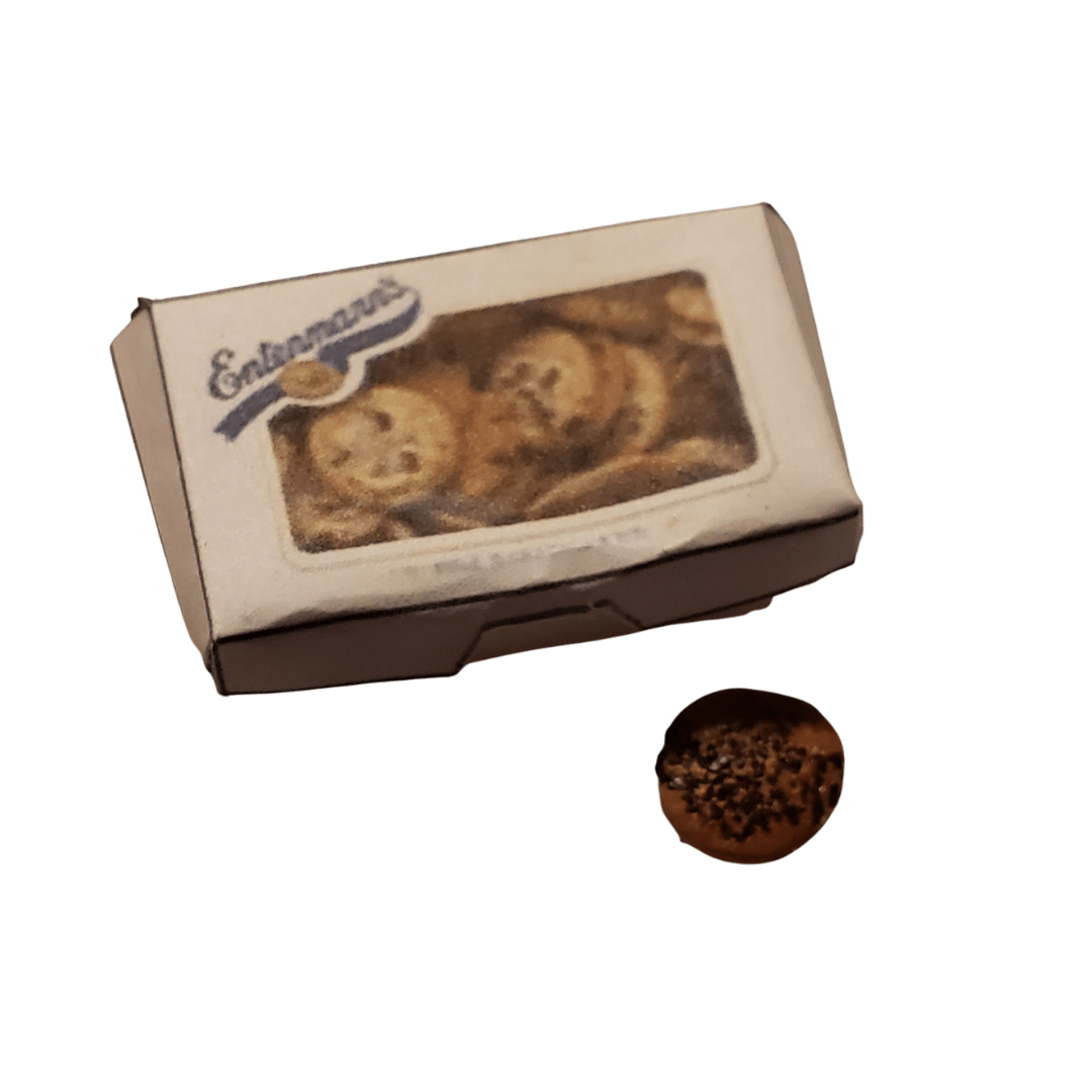 Chef Ginas miniature chocolate chip cookies in a small bakery box for doll accessories