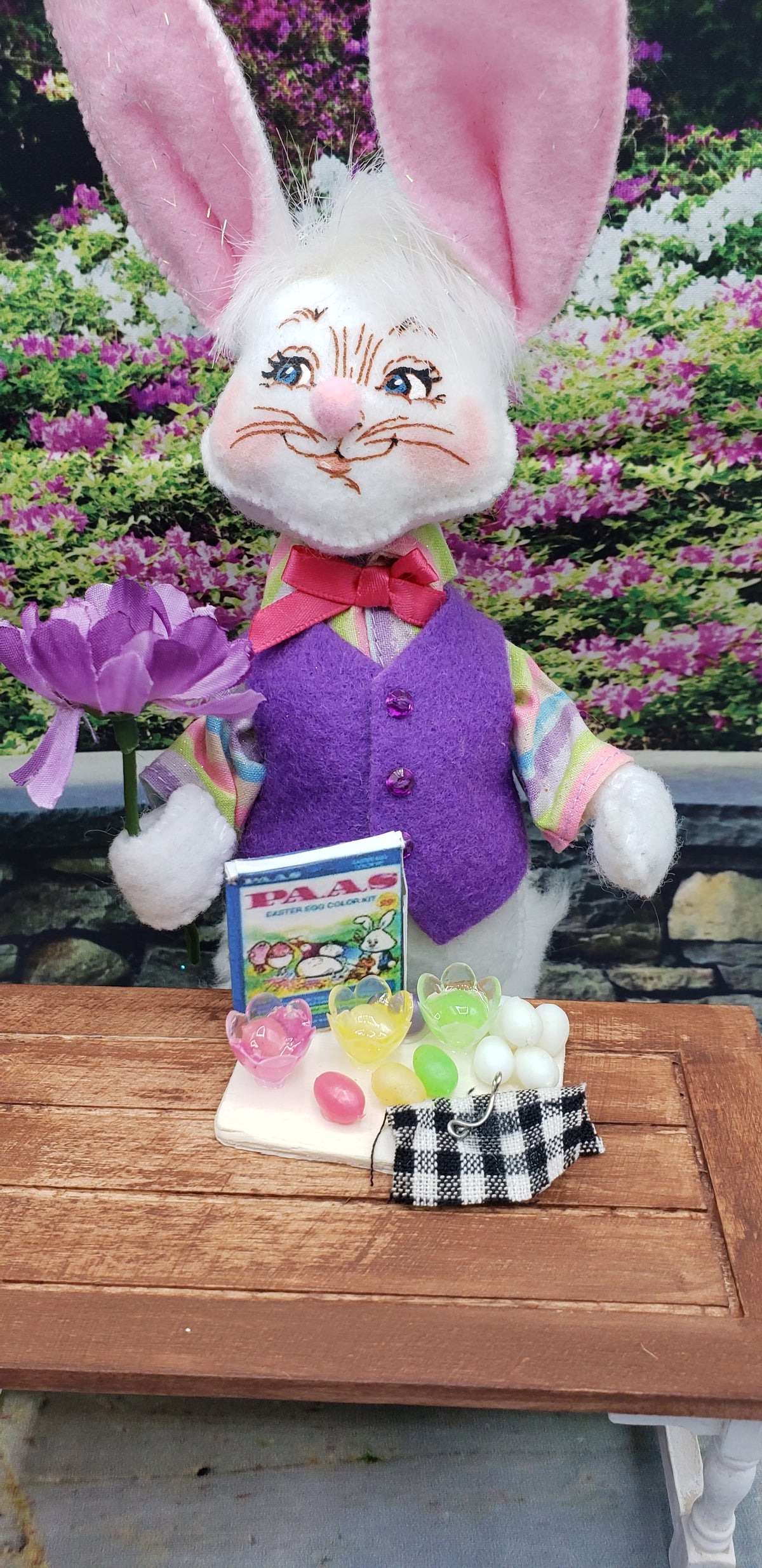 Chef Gina's Mini Food fashion doll egg decorating kit with bunny doll holding purple flower and decorating supplies
