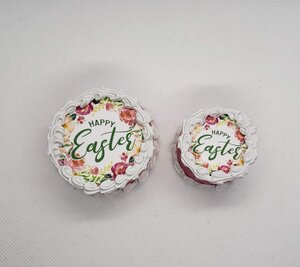 Miniature Easter cakes for dolls decorated with floral designs and 'Happy Easter' text
