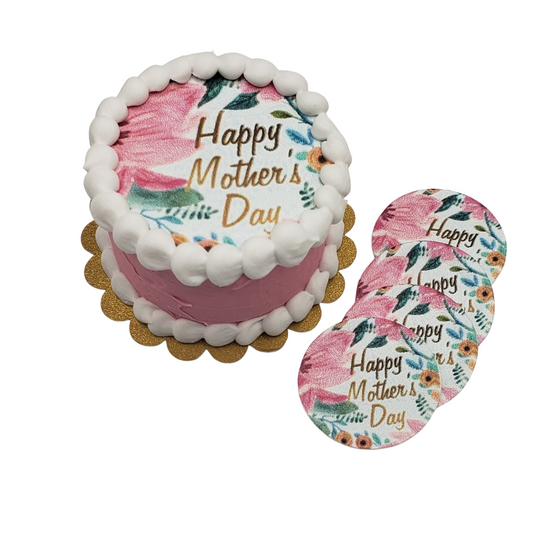 Miniature Mother's Day cake with floral design and matching edible decorations for celebrations