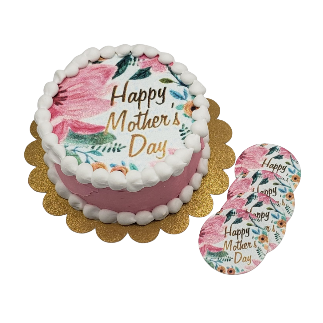Miniature Mother's Day cake with floral design and gold scalloped base for celebrating moms