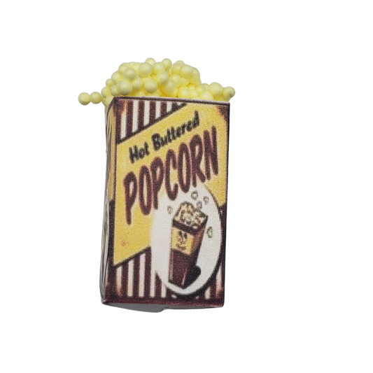 Chef Gina's miniature popcorn tub with hot buttered popcorn design and yellow popcorn pieces