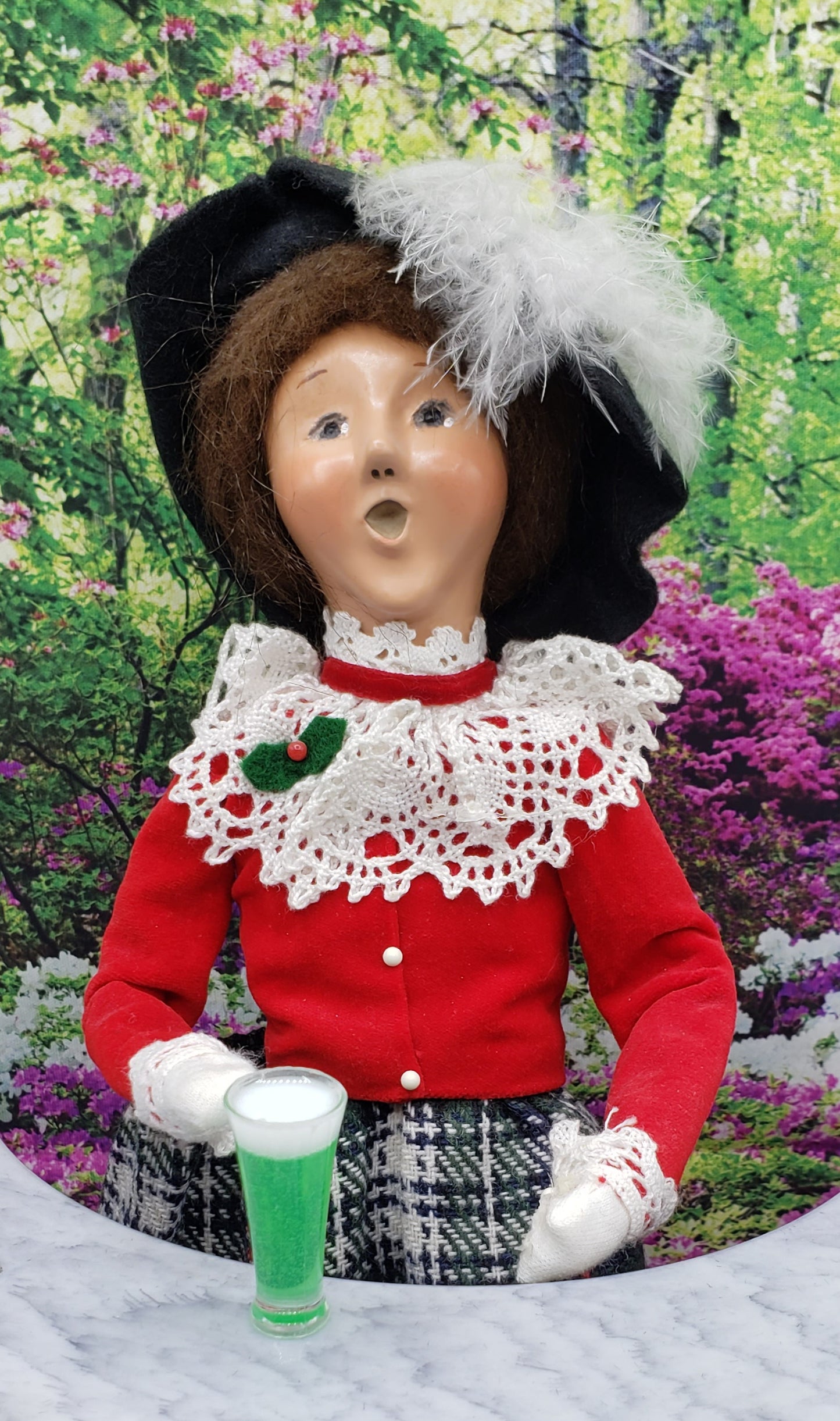 Chef Gina's 1 6 scale green beer prop for fashion dolls held by doll with red outfit and feathered hat