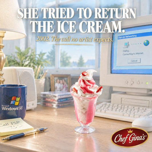 Chef Gina’s® 1:6 scale miniature strawberry sundae beside a 2002 dial-up computer in soft pastel daylight, wow-factor headlin