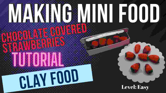 How to make miniature clay chocolate covered strawberries tutorial with small clay strawberries on plate and box