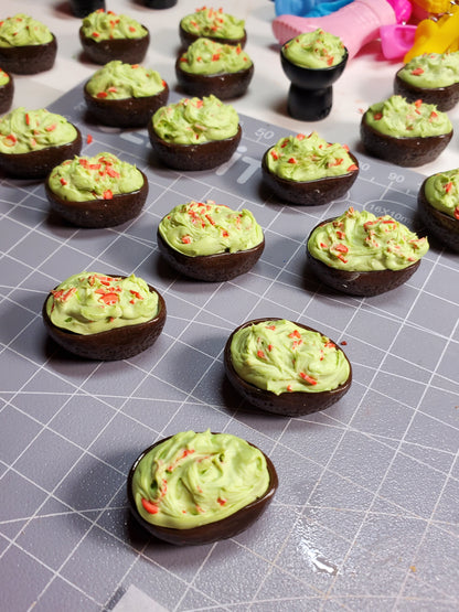1:6 scale guacamole doll food by Chef Gina's Mini Food, miniature avocado halves with green guacamole and red seasoning