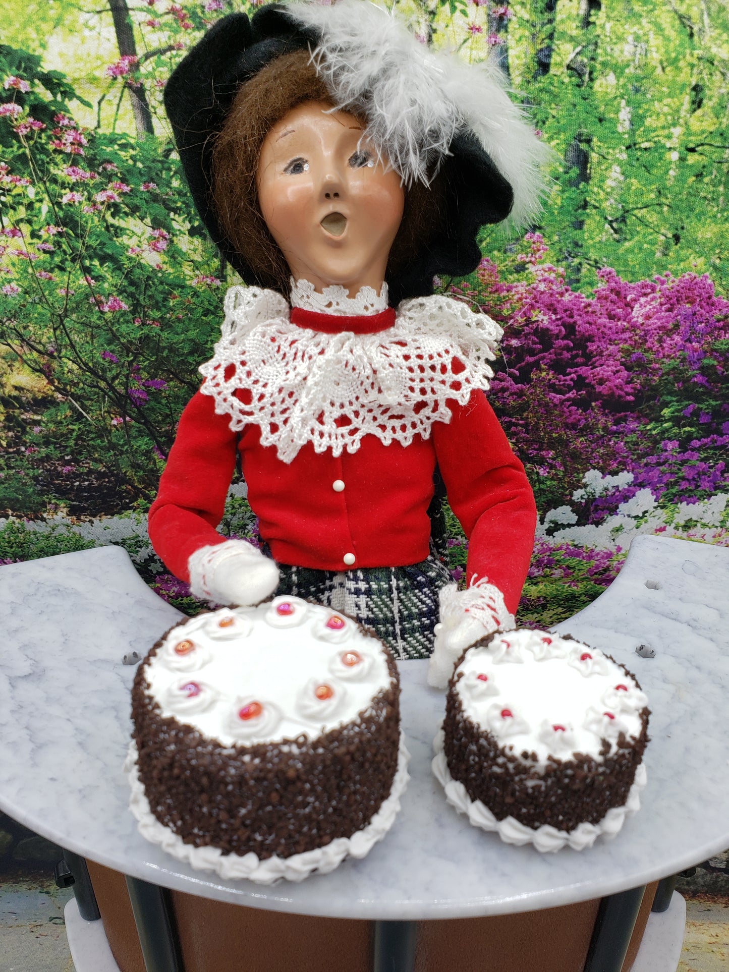 Byers choice doll with black forest cake