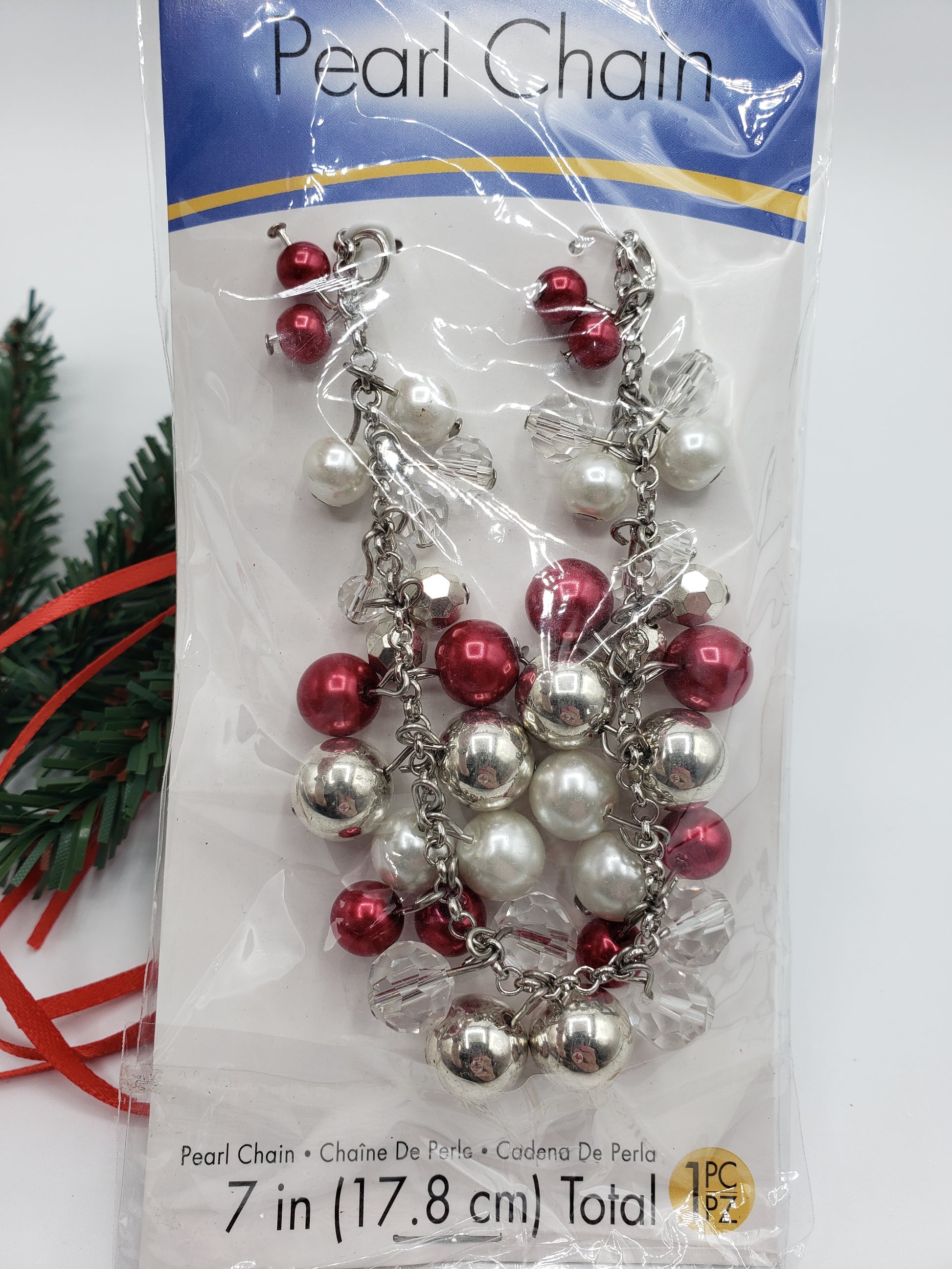 red, silver, pearl and clear beads for wreath