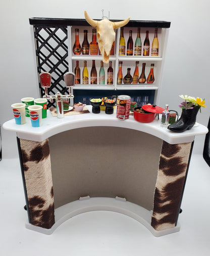 Chef Gina's country western bar set for dolls with miniature drinks, bar counter, and western decor