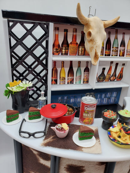 Chef Gina's country western bar set for dolls with miniature drinks, food, and western decor