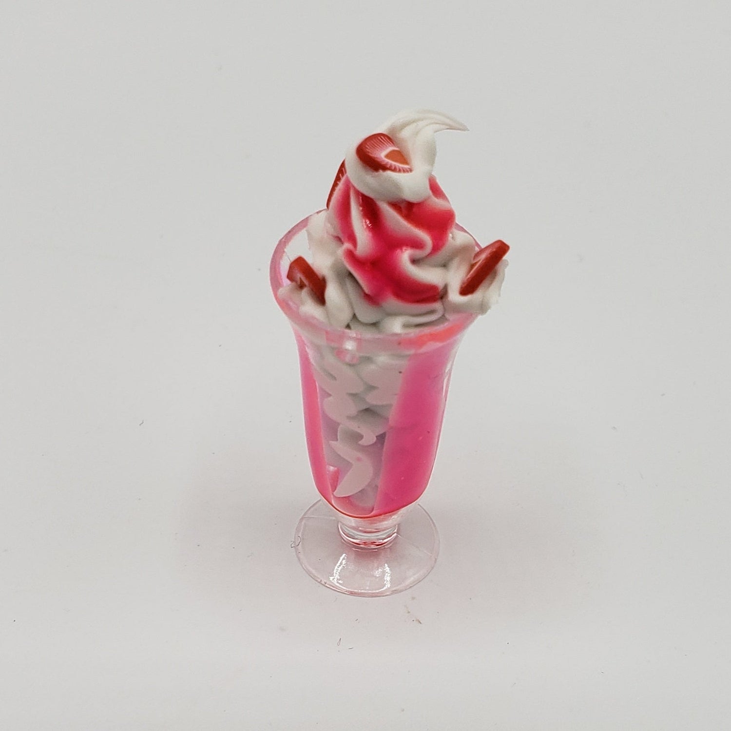 Chef Ginas miniature strawberry sundae for dolls with pink ice cream and whipped topping in clear glass