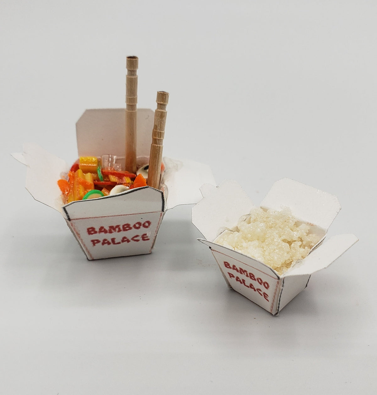One Sixth Scale Chinese Takeout with colorful noodles and rice in classic takeout boxes