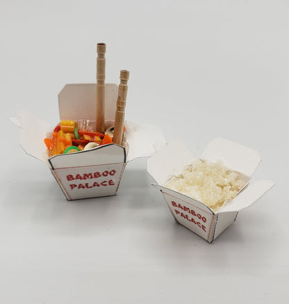 One Sixth Scale Chinese Takeout with colorful noodles and rice in classic takeout boxes
