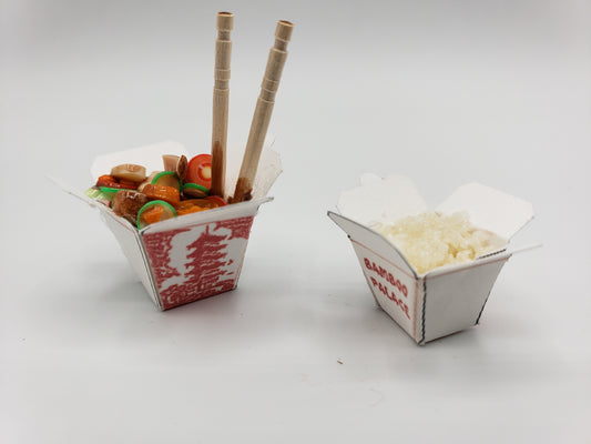 One Sixth Scale Chinese Takeout with colorful noodles and rice in classic containers