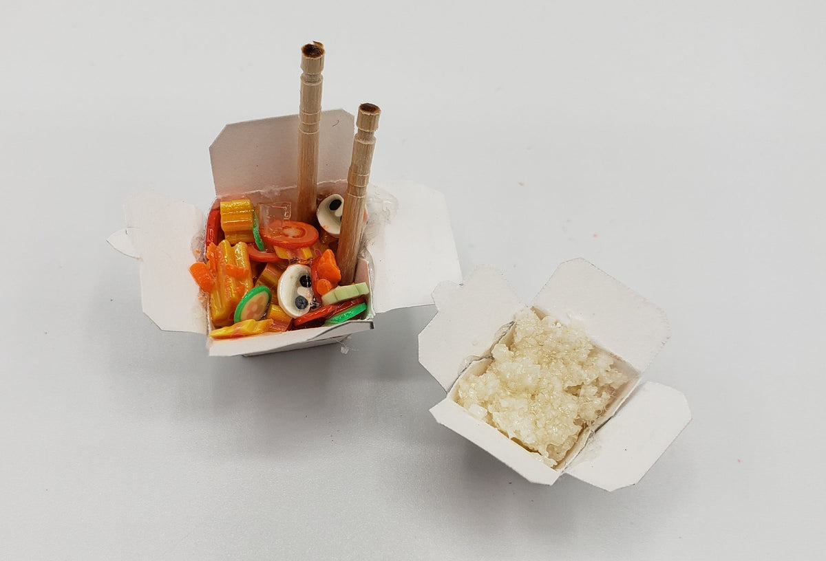 One Sixth Scale Chinese Takeout with colorful vegetable noodles and rice in two miniature containers