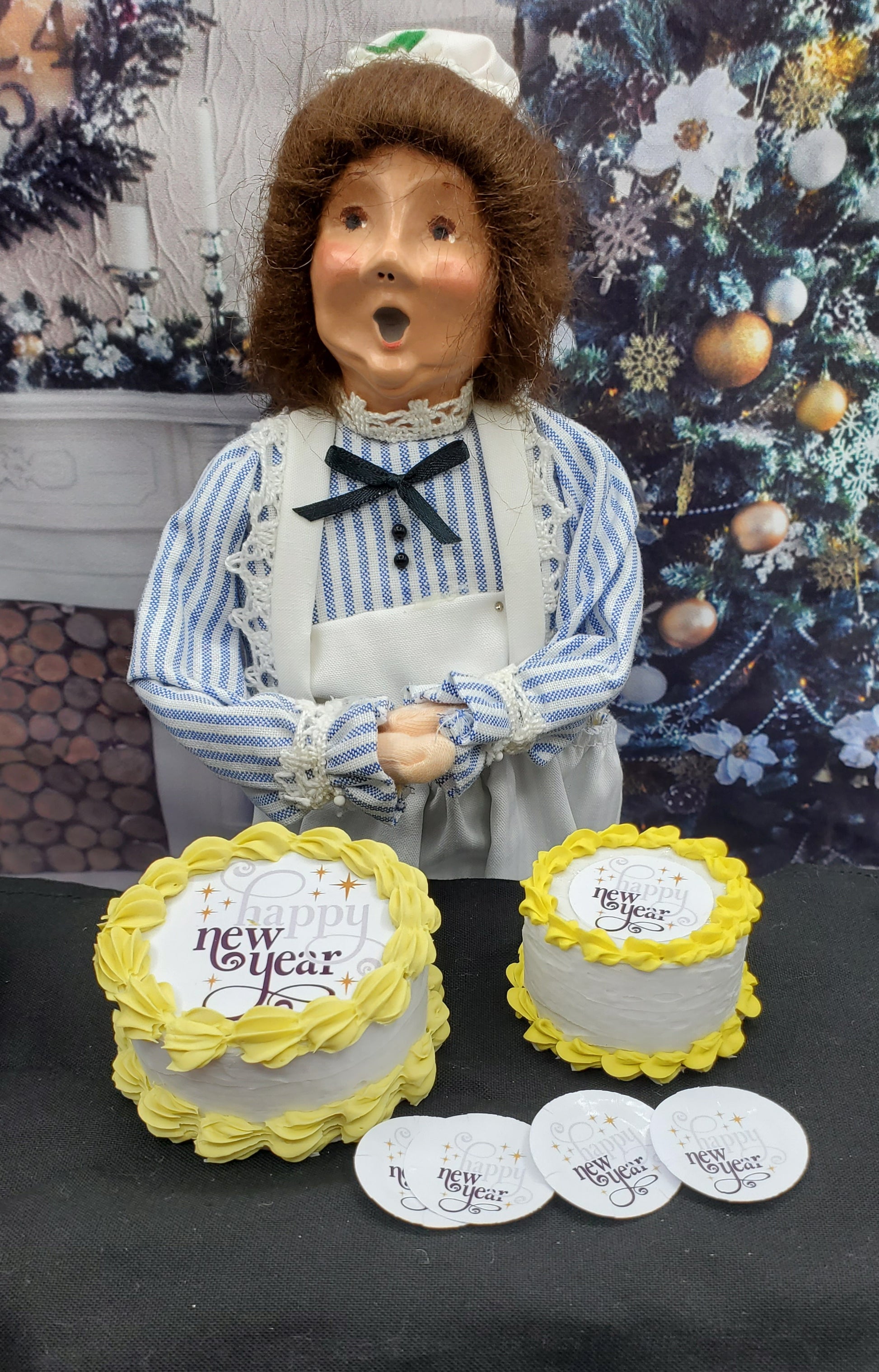 Byer's Choice Doll with Happy New Years Cake