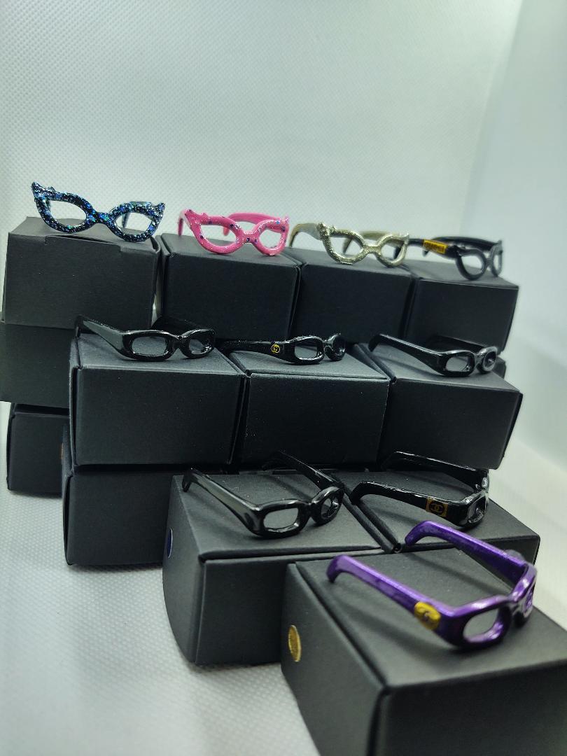 Set 5 Barbie eyeglasses large cat eye with black boxes and designer labels