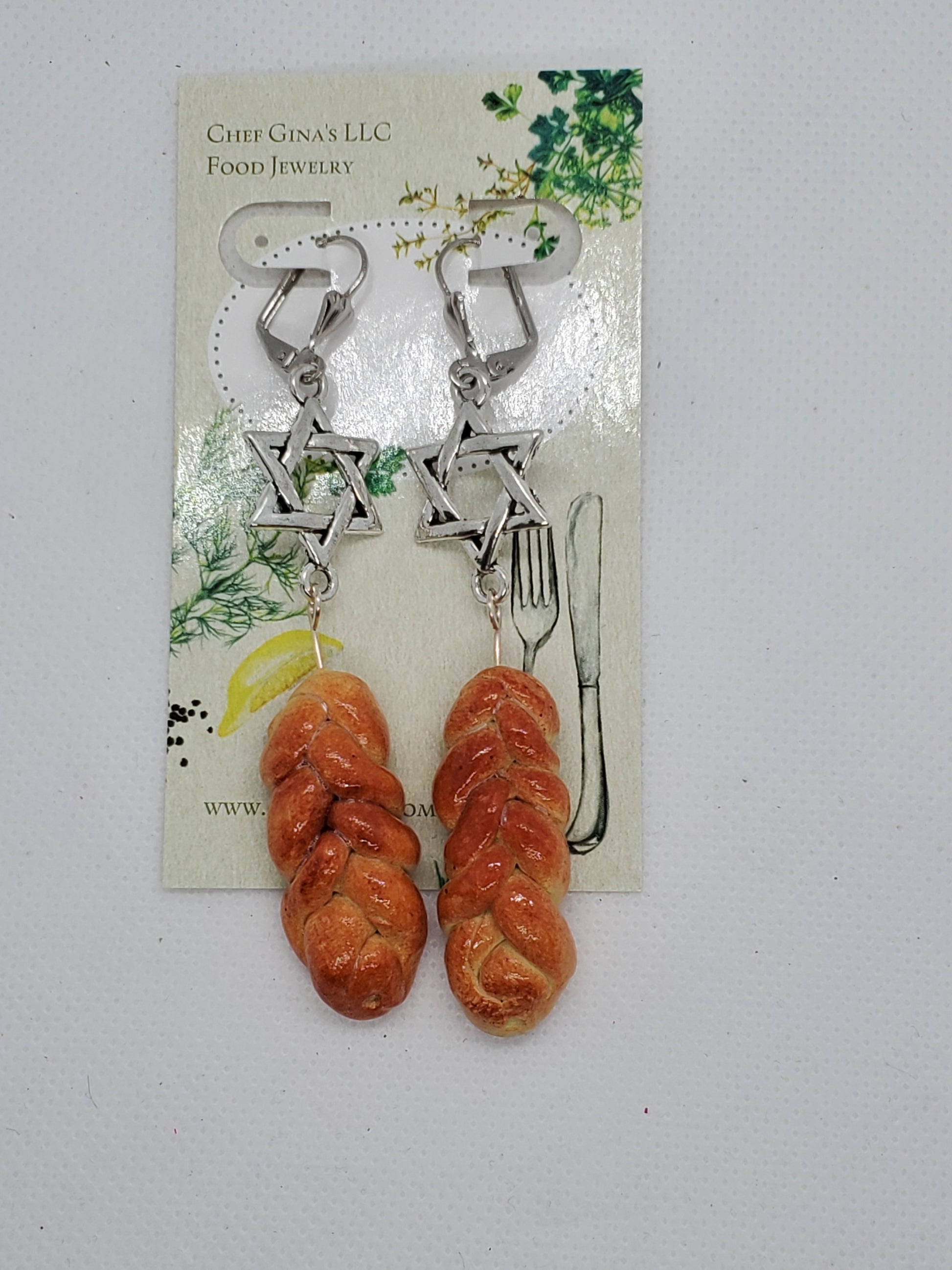 Chef Gina's® Mini Food miniature challah bread jewelry earrings with silver Star of David charms