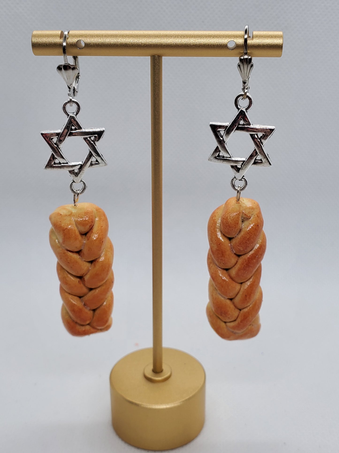 Chef Gina's miniature challah bread jewelry earrings with silver Star of David charms