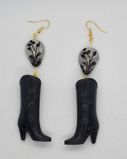 Chef Gina's Vintage Barbie shoe earrings in black boot design with floral detail and gold hooks