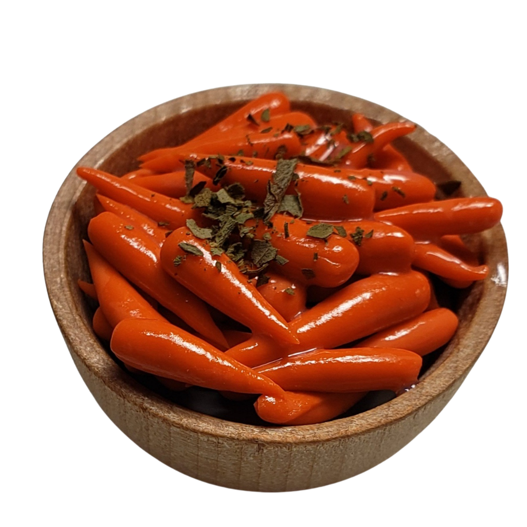 Realistic 1:6 scale doll food carrots in a wooden bowl, perfect for miniature scenes and displays
