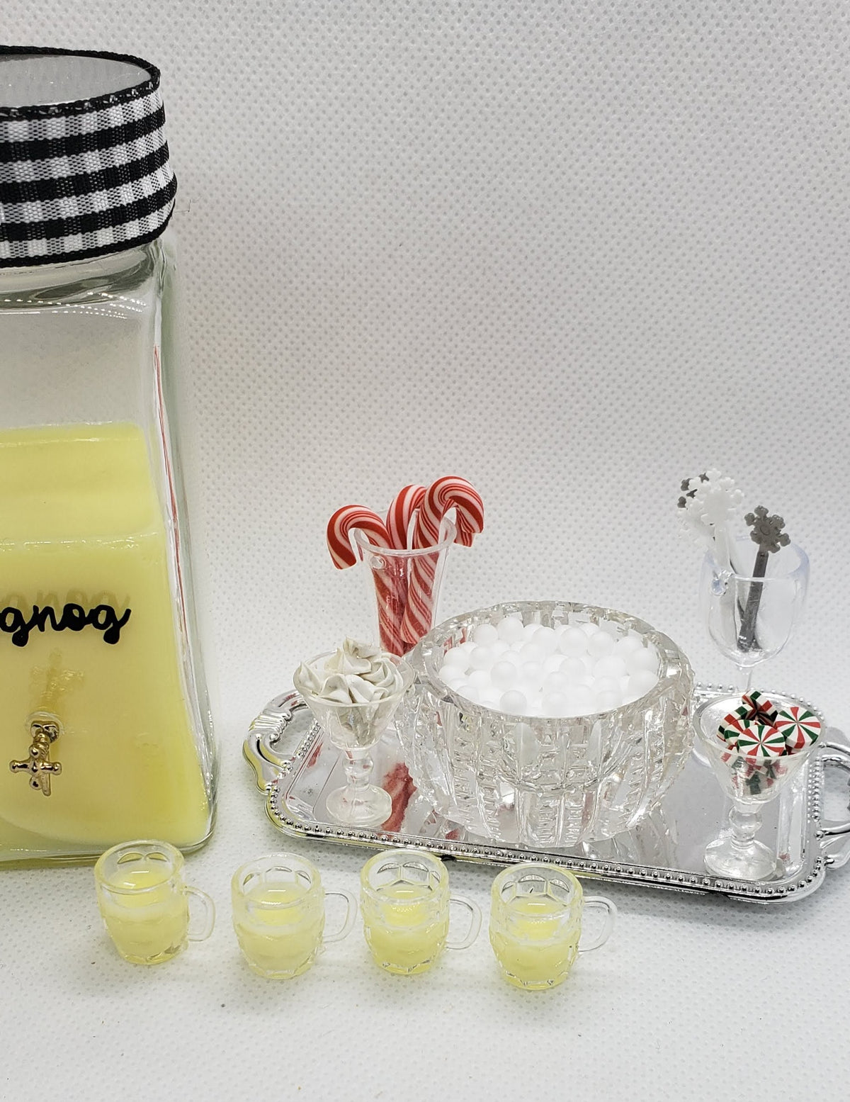 1:6 scale miniature eggnog set with pitcher, cups, candy canes, marshmallows, and serving tray