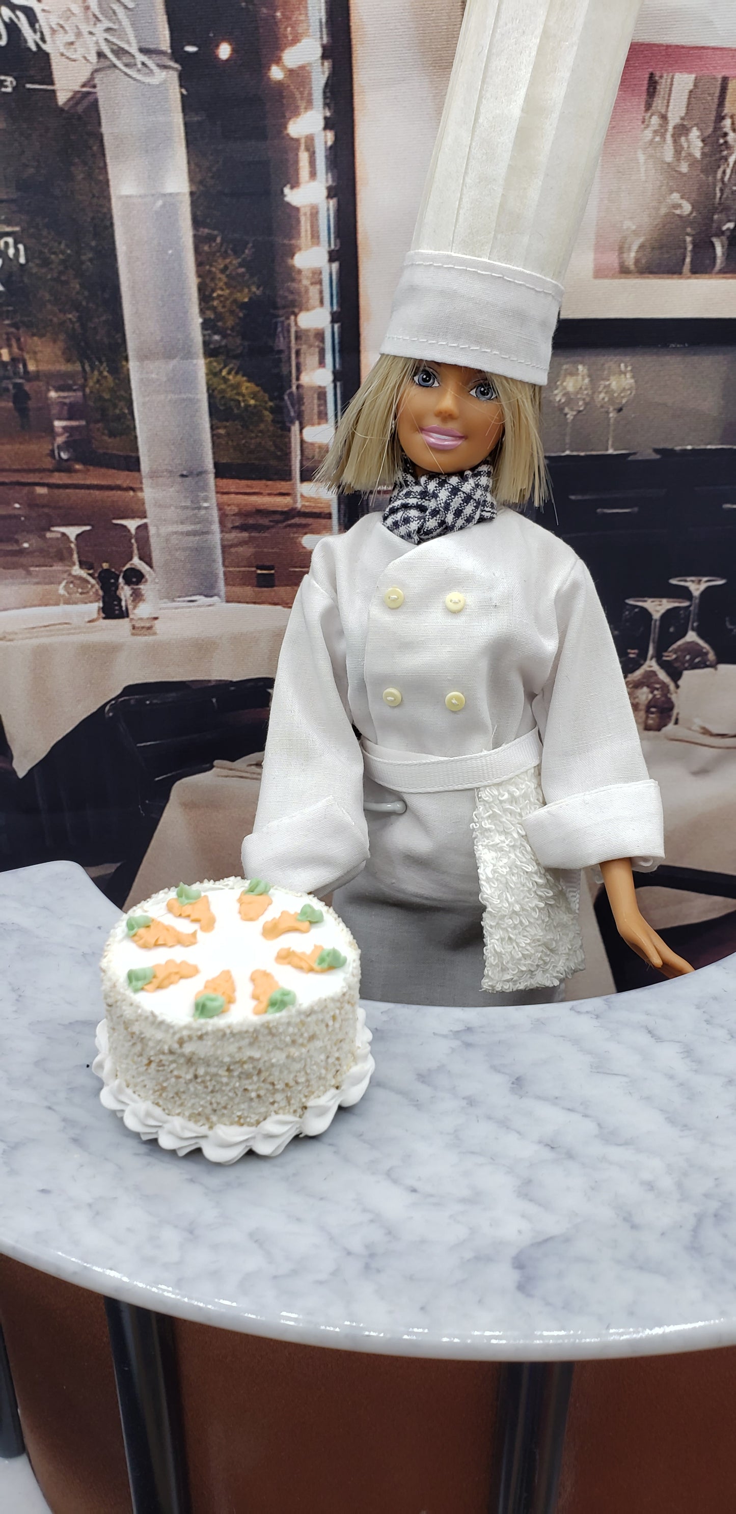 Barbie with a miniature carrot cake