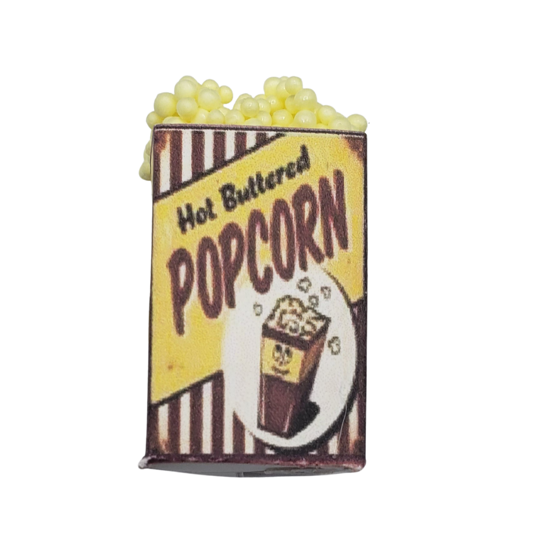 Chef Gina's Mini Food miniature popcorn tub with hot buttered popcorn design and yellow popcorn pieces